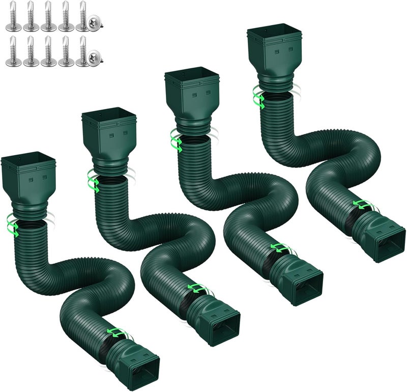 Ogutter Rain Gutter Downspout Extensions, Downspout Extender for Rainwater Drainage Flexible, Down Spout Drain Extension Pipe and Extendable from 21 to 66 Inches (4 Pack, Green) - Image 1